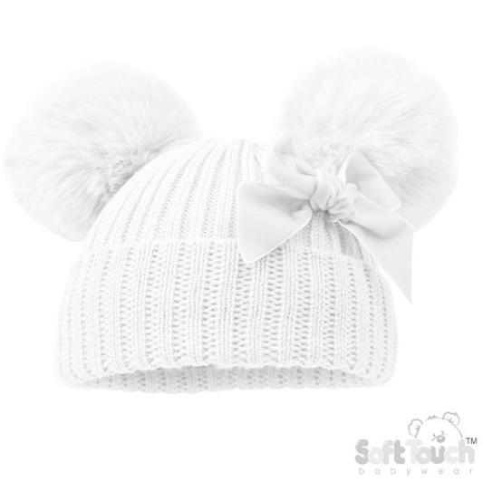 WHITE RIBBED HAT W/VELVET BOW & 2 POM POMS (NB-12 Months) (PK6) H678W