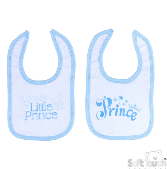 White Velcro Bib W/Blue Prince Print- P4703-B