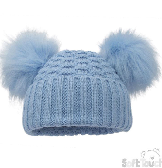 Deluxe Baby Blue Checked/Striped Hat w/Pom Poms (2-5yrs) (PK6) H674-BB