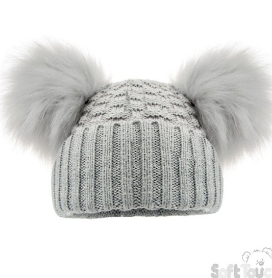 Deluxe Grey Checked/Striped Hat w/Pom Poms (2-5yrs) (PK6) H674-G
