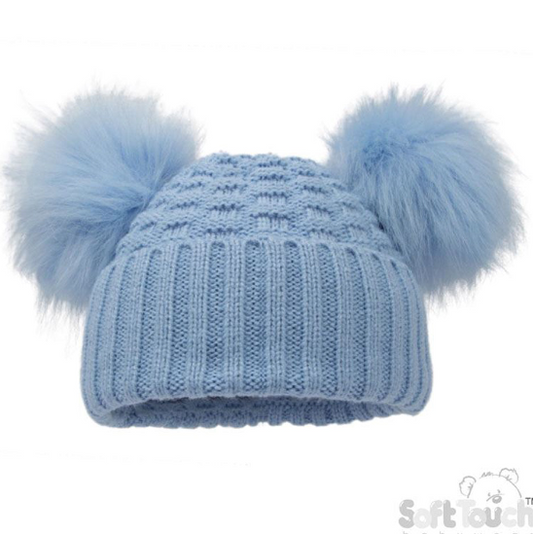 Deluxe Baby Blue Checked/Striped Hat w/Pom Poms (12-24m) (PK6) H672-BB
