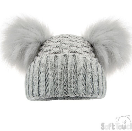 Deluxe Grey Checked/Striped Hat w/Pom Poms (12-24m) (PK6) H672-G