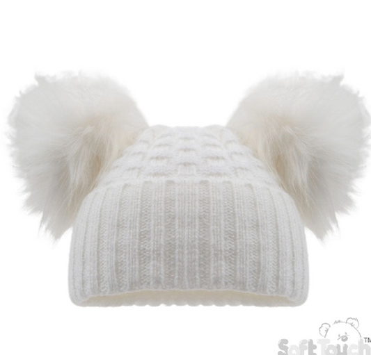 Deluxe White Checked/Striped Hat w/Pom Poms (12-24m) (PK6) H672-W