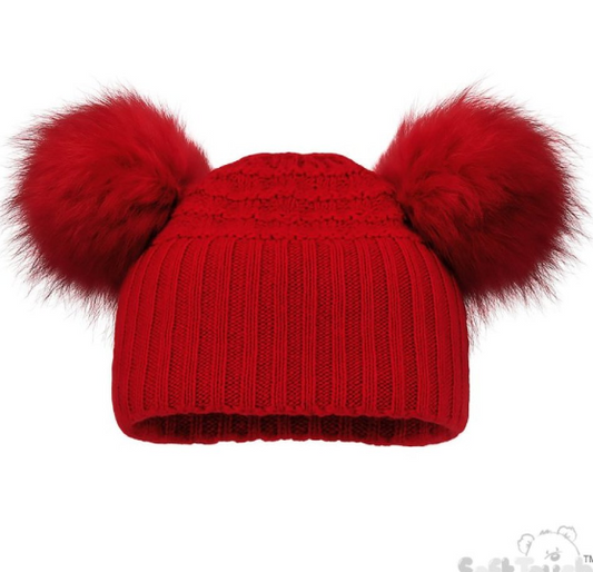 Deluxe Baby Red Checked/Striped Hat w/Pom Poms (NB-12m) (PK6) H670-R