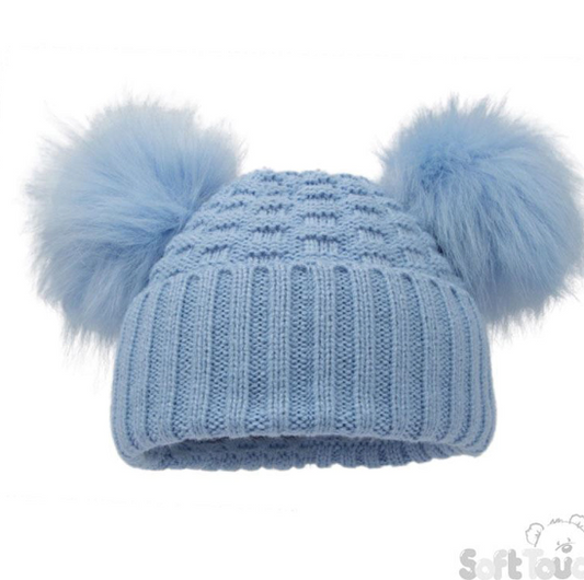 Deluxe Baby Blue Checked/Striped Hat w/Pom Poms (NB-12m) (PK6) H670-BB