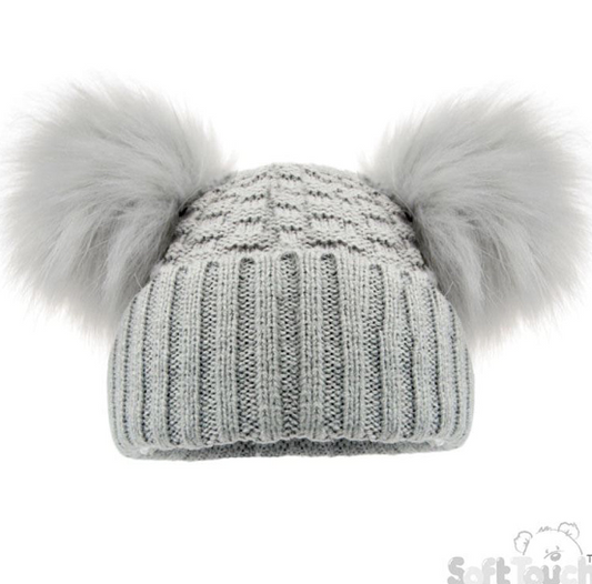 Deluxe Grey Checked/Striped Hat w/Pom Poms (NB-12m) (PK6) H670-G