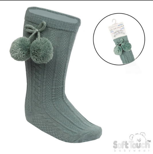 SAGE GREEN 'ELEGANCE' KNEE LENGTH SOCKS W/POM POM : (0-24 MONTHS) S355-SG