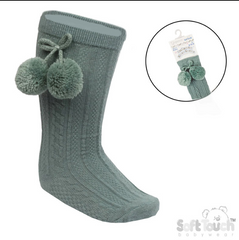 Sage Green 'Elegance' Pom Pom Knee Length Socks (0-24 MONTHS) (PK12) S355-SG