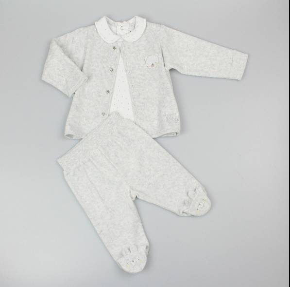 Baby Unisex Velour 3pc Embossed Set - Grey/Teddy (0-9M) (PK6) M15976
