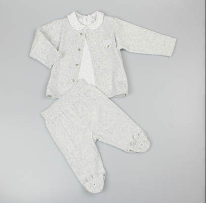 Baby Unisex Velour 3pc Embossed Set - Grey/Teddy (0-9M) (PK6) M15976