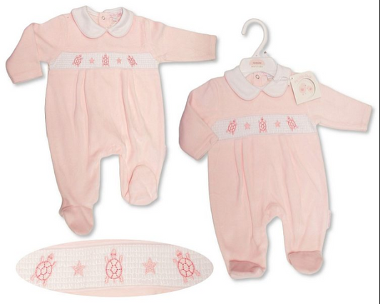 Baby Girls Velour All in One with Smocking - Tortoise (NB-6m) (PK6) BW-13-408