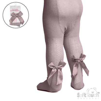 DUSTY PINK 'ADORABLE' JAQUARD TIGHTS W/LONG BOW - (NB-24 Months) T120-DP