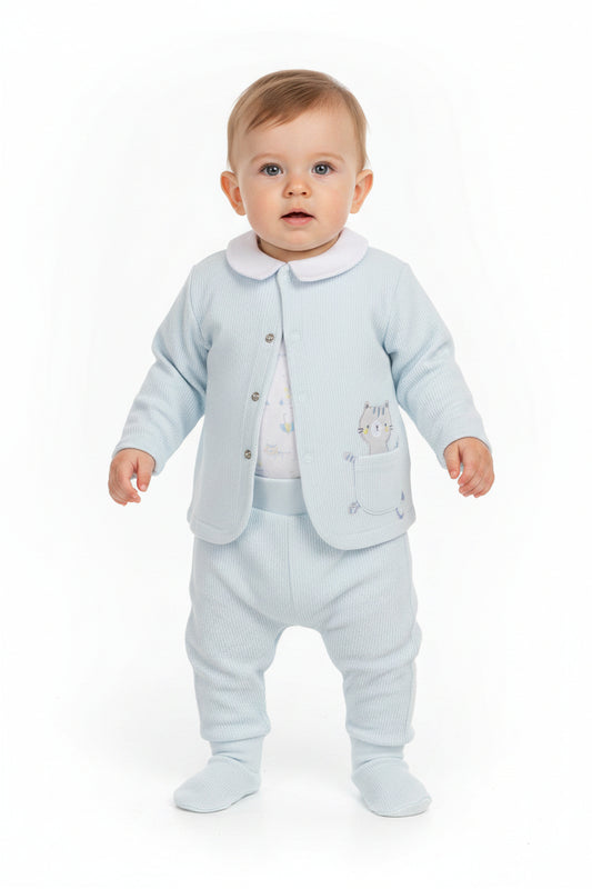 Baby Boys 3pc Set - Sky/Cat  (0-6M) (PK6) J13953