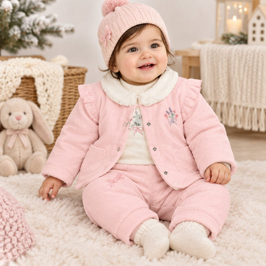 Baby Girls 3pc Waffle Jacket Trouser Set - Floral Woodland (PK6) (0-9m) N14762