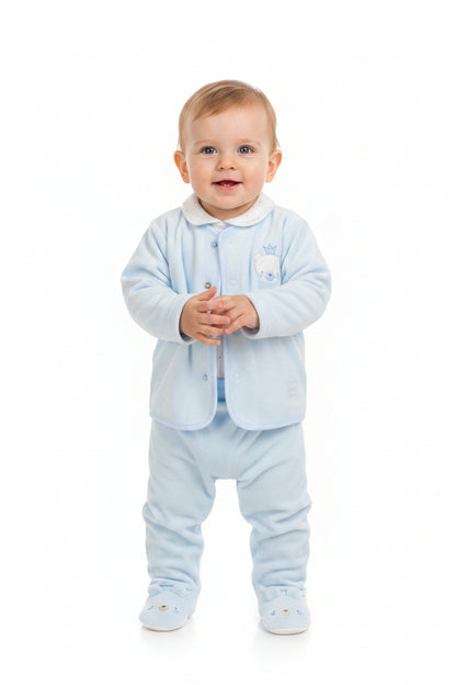 Baby Boys Velour 3pc Embossed Set - Sky/Teddy (0-9M) (PK6) M15968