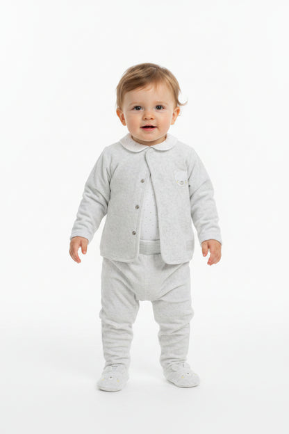 Baby Unisex Velour 3pc Embossed Set - Grey/Teddy (0-9M) (PK6) M15976