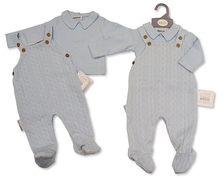 Baby Boys 2 Pieces Long Dungaree Set - Sky (NB-6m) (PK6) BIS-2020-2530s