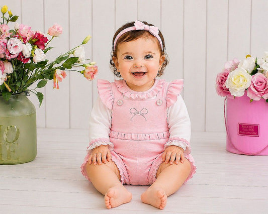 Baby Girls 2 pcs Short Dungaree Set with Diamante Applique (NB-6m) (PK6) - BIS-2020-2713