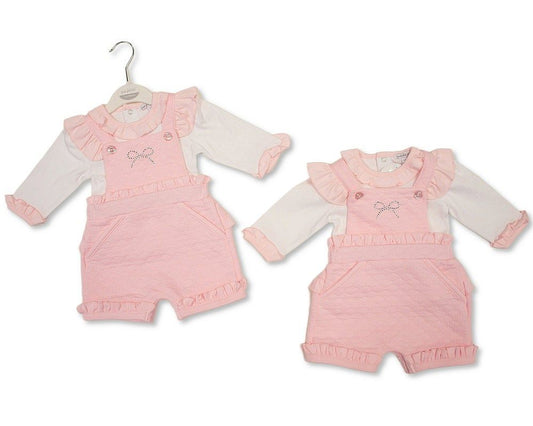 Baby Girls 2 pcs Short Dungaree Set with Diamante Applique (NB-6m) (PK6) - BIS-2020-2713