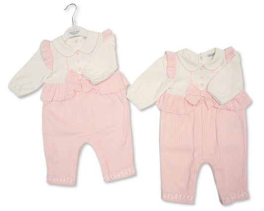 Baby Girls Long Romper with Lace Applique and Bow (NB-6m) (PK6) - BIS-2020-2716