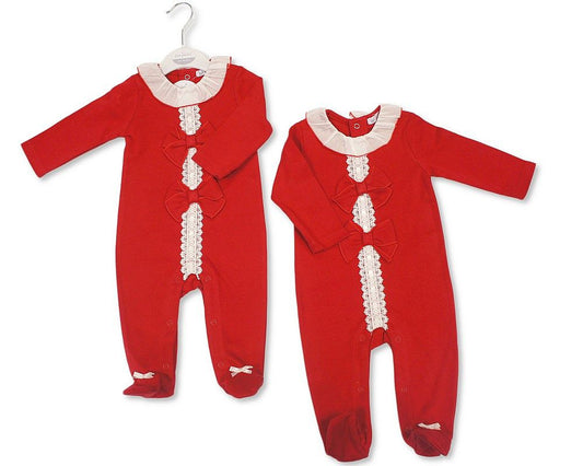 Baby Girls Long Romper with Lace and Bow (NB-6m) (PK6) - BIS-2020-2722