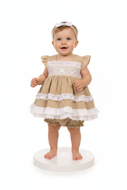 Tiered Baby Linen Dress with Smocking and Bows (NB-6m) (PK6) BIS-2120-6261