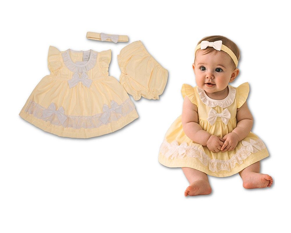 Baby Dress Lemon with Lace and Bows (NB-6m) (PK6) - BIS-2120-6361