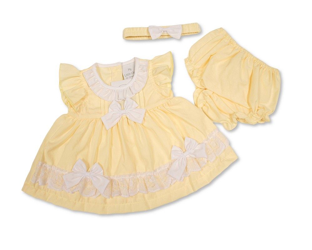 Baby Dress Lemon with Lace and Bows (NB-6m) (PK6) - BIS-2120-6361