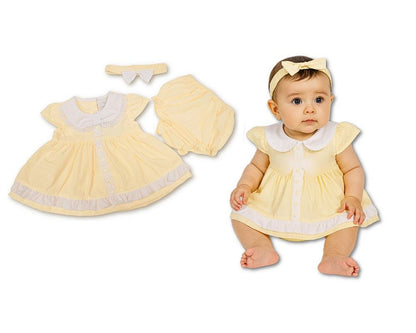 Baby Dress Lemon with Lace and Bow (NB-6m) (PK6) - BIS-2120-6364