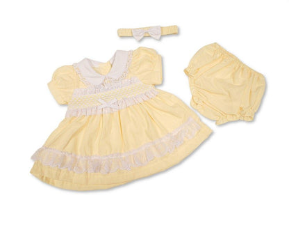 Baby Dress Lemon with Smocking, Lace and Bow (NB-6m) (PK6) - BIS-2120-6365