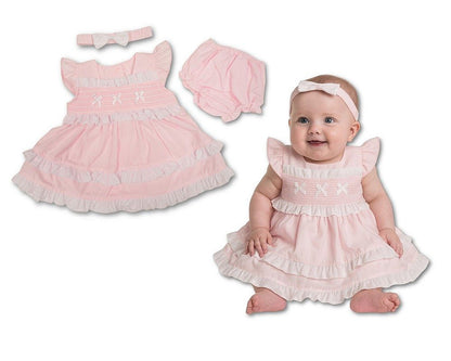 Tiered Baby Dress Pink with Smocking and Bows (6-24m) (PK6) - BIS-2120-6368