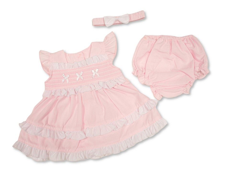 Tiered Baby Dress Pink with Smocking and Bows (6-24m) (PK6) - BIS-2120-6368