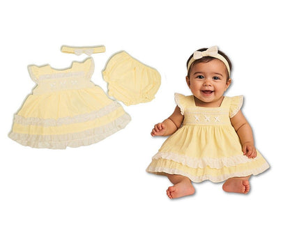 Tiered Baby Dress Lemon with Smocking and Bows (6-24m) (PK6) - BIS-2120-6374