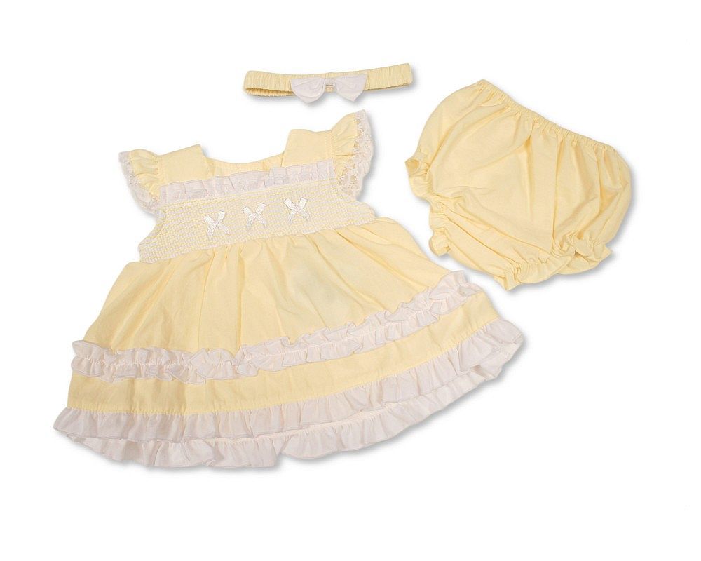 Tiered Baby Dress Lemon with Smocking and Bows (6-24m) (PK6) - BIS-2120-6374