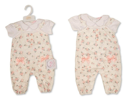 Baby Girls 2 pcs Long Dungaree Set with Floral Print and Bows (NB-9m) (PK6) - BIS-2120-6403