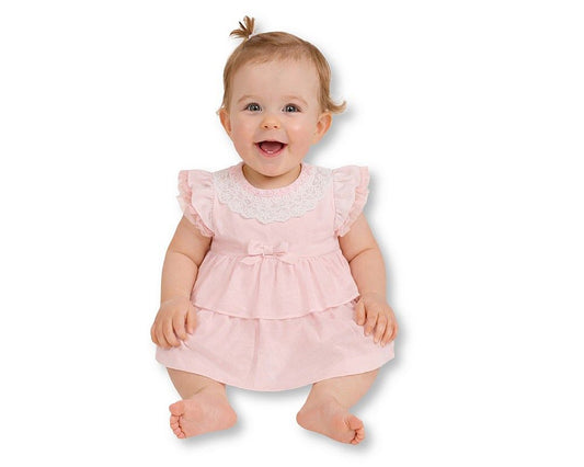 Baby Girls 2 Tier Dress with Lace and Bow (NB-9m) (PK6) - BIS-2120-6404