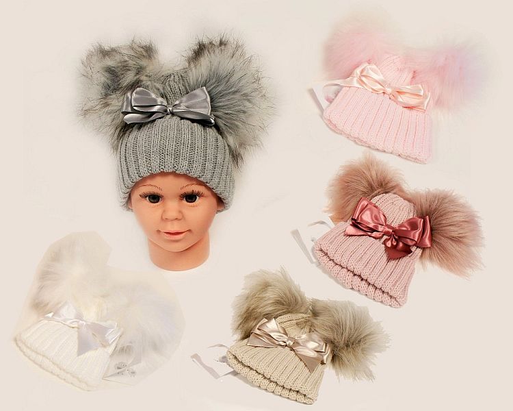 Baby Hat with Double Pom-Pom and Bow - 5 Colours  (Med) (PK6) BW-0503-0625-Md