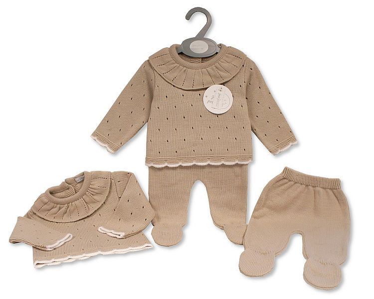 Knitted Baby 2 pcs Pram Set with Collar - Taupe (PK6) (NB to 9 Months) Bw-10-1205t