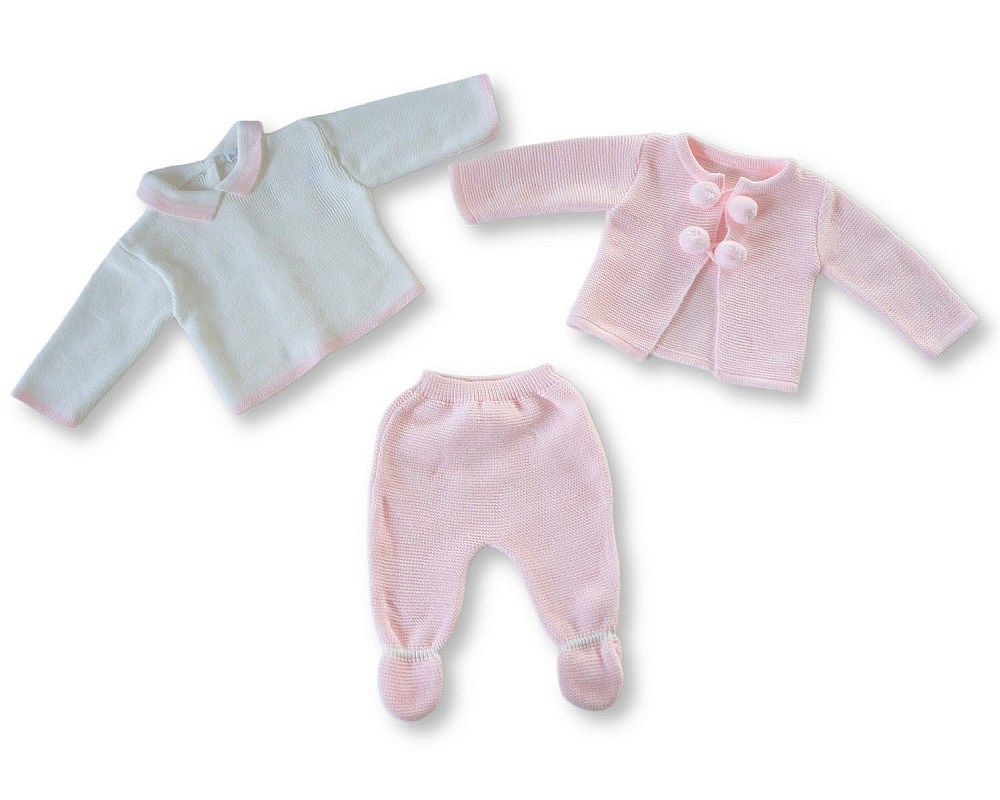 Knitted Baby Girls 3 pcs Set with Pompoms (NB-9m) (PK6) - BW-10-1240