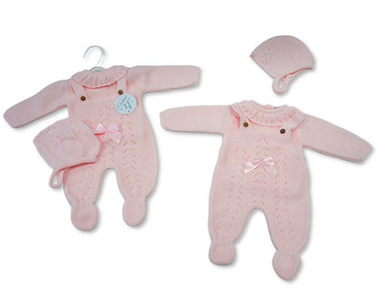 Knitted Baby Girls 3 pcs Dungaree Set with Bow (NB-9m) (PK6) - BW-10-1243
