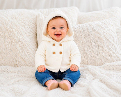 Knitted Baby Pram Coat with Hood (NB-9m) (PK6) - BW-10-1248w
