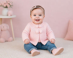 Knitted Baby Girls Pram Coat with Pompoms (NB-9m) (PK6) - BW-10-1249p