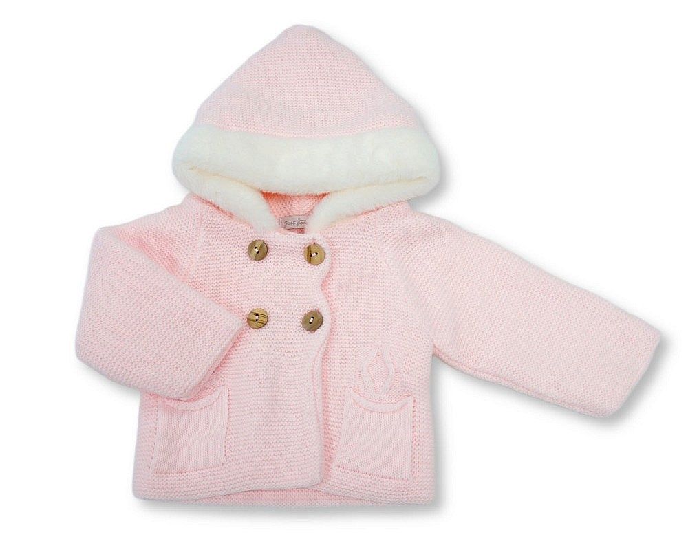 Knitted Baby Girls Pram Coat with Fur Hood (NB-9m) (PK6) - BW-10-1254p