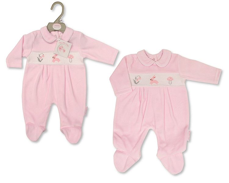 Baby Girls Velour All in One with Smocking - Bunny (NB-6) (PK6) BW-13-383