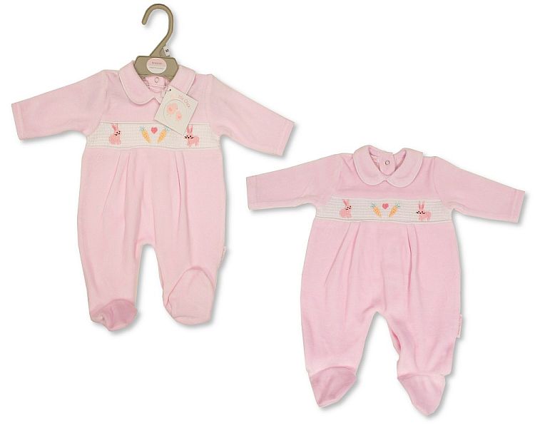 Baby Girls Velour All in One with Smocking - Bunny  (NB-6) (PK6) BW-13-384