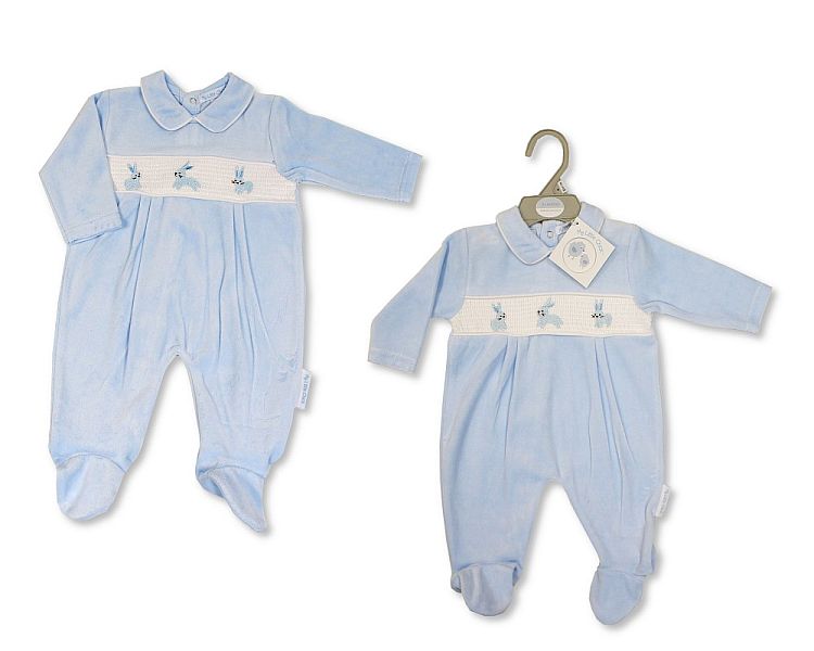 Baby Boys Velour All in One with Smocking - Bunny (NB-6) (PK6) BW-13-389