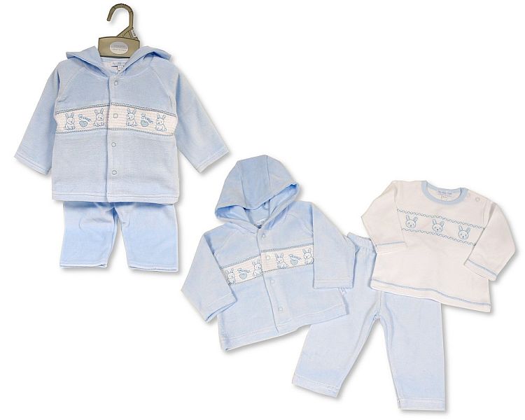 Baby Boys 3 pcs Set with Smocking and Hood - Sweet (NB-6) (PK6) BW-13-394