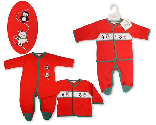 Baby Christmas Velour 2 pcs Set with Smocking - Polar Bear and Penguin (NB-6m) (PK6) BW-13-420