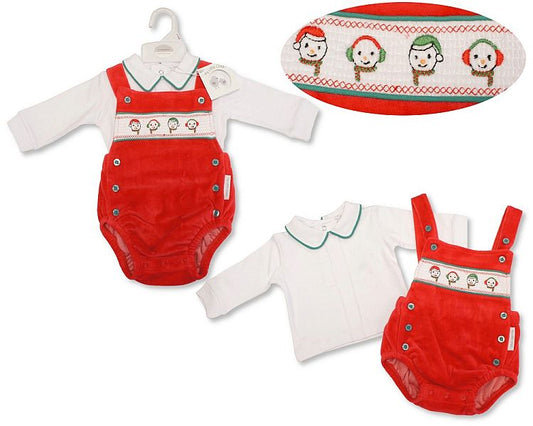 Baby Christmas Velour 2 pcs Romper Set with Smocking - Snowman (NB-6m) (PK6) BW-13-423