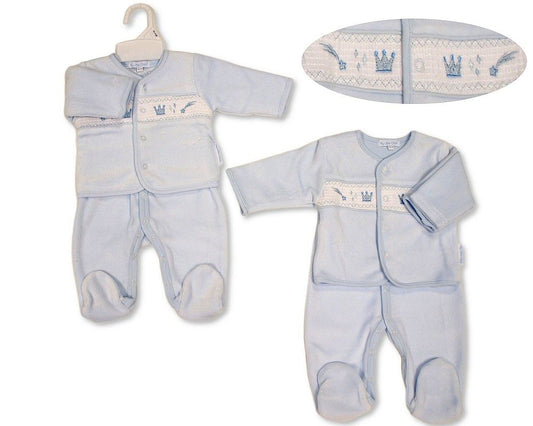 Baby Boys Velour 3 pcs Set with Smocking - Prince (NB-6m) (PK6) - BW-13-431
